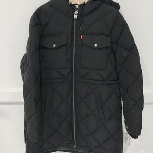 NWT Levi's Women Long Fleece Lined Full Zip Puffer Jacket Sz 1X Black $200 CC134